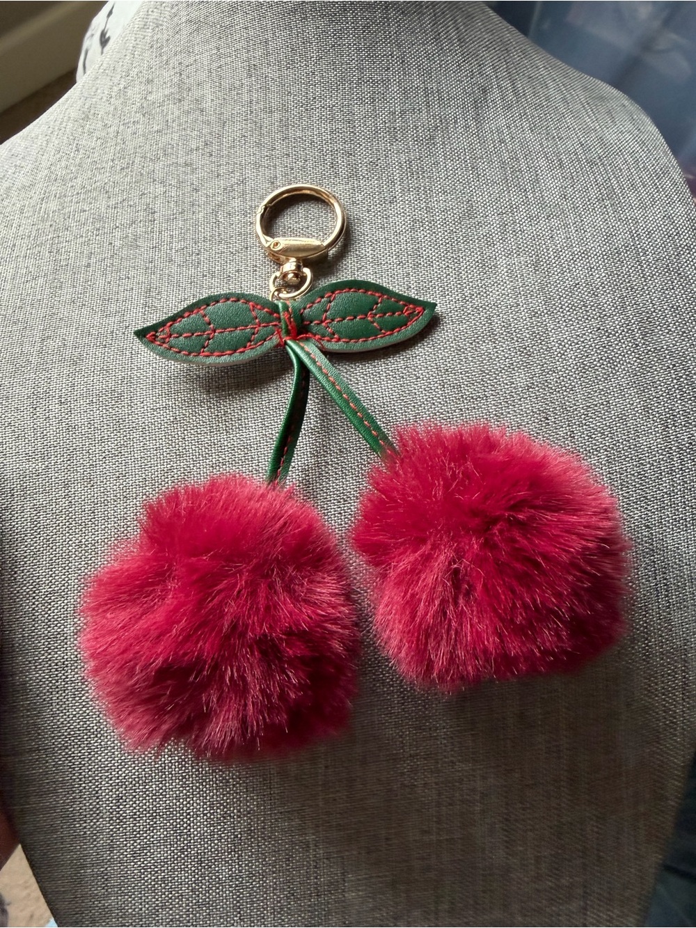 Cherry Pom Pom Keychain - Red Faux Fur